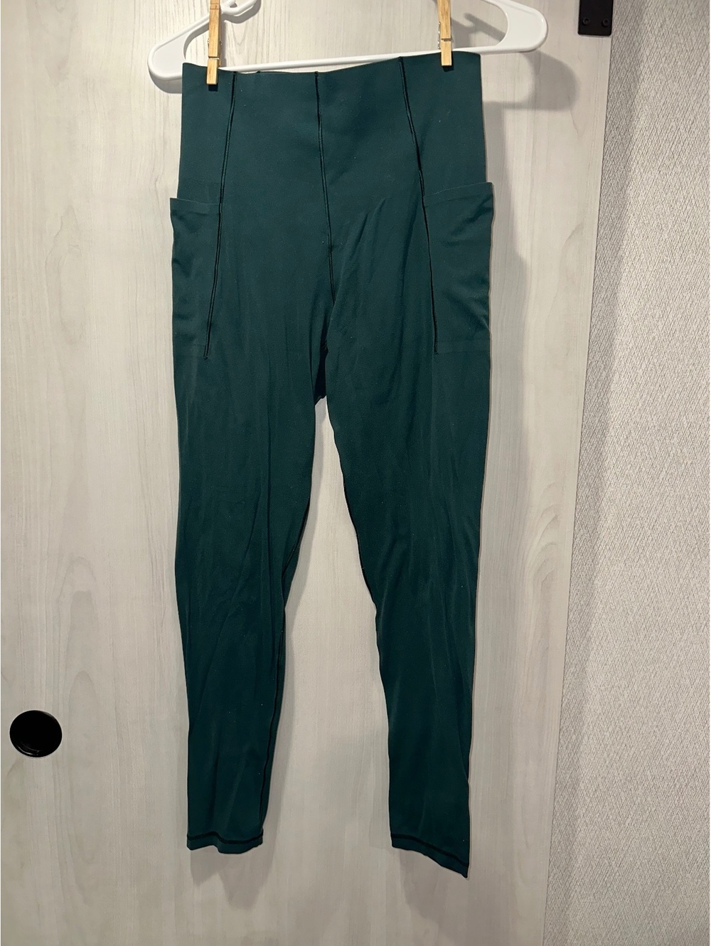 Dark Green High Waist Cotton Blend Leggings with Side Pockets, Size Medium